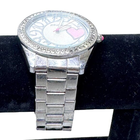 Betsey Johnson Womens Silver Toned Link Band Analog Watch Pink Heart Rhinestones - Picture 2 of 8